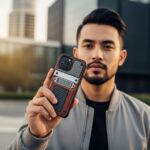 stilig ung man som håller en smartphone med ett trendigt mobilskal, som visar upp olika materialtexturer som läder, metall och kolfiber