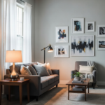 stilrent inredd ungkarlslya med grå soffa, fåtölj, konst på väggarna och strategiskt placerad belysning