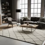 Ett stilrent vardagsrum där en stor texturerad matta i naturligt material skapar en varm och inbjudande känsla.