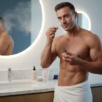 Man utför en hudvårdsrutin för att få lyster och en uppfräschning.