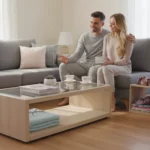 Ett lyckligt par delar ett välstädat hem, som visar tecken på att de flyttar ihop och delar utrymme.